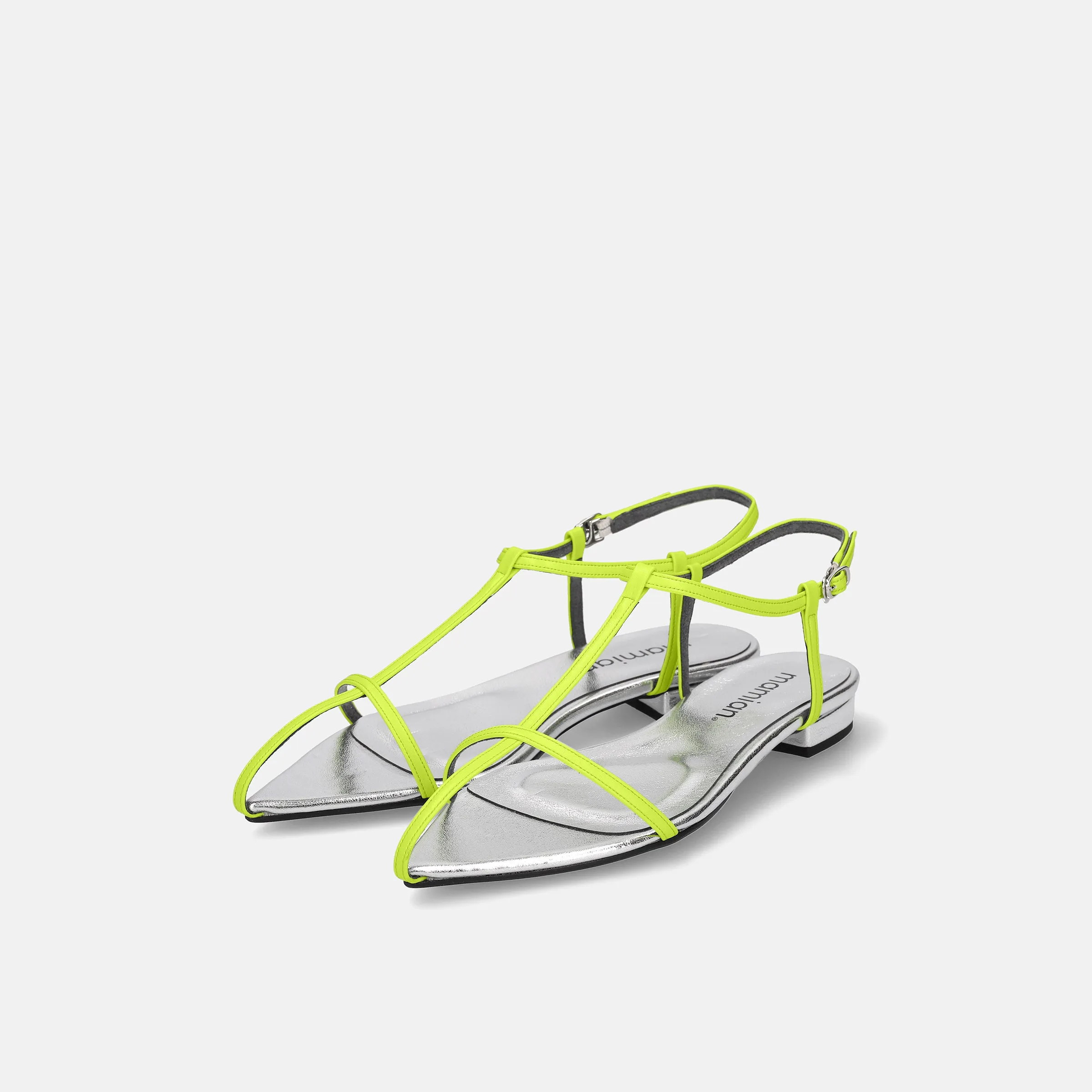 15%OFF: 2024SS: T-Strap Pointed Flat Sandals (m17001) Lime