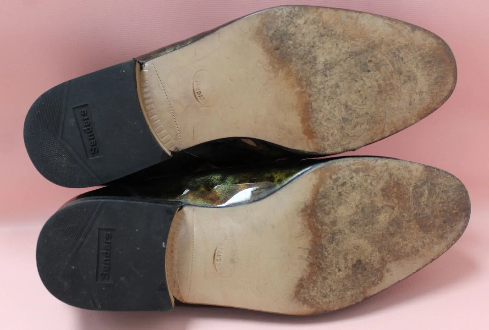 90s Sanders Patent Leather Loafers with Metallic Oil Slick Finish, Side Gore Slip On Shoes, UK 7.5 US8.5 EU41.5