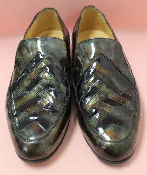90s Sanders Patent Leather Loafers with Metallic Oil Slick Finish, Side Gore Slip On Shoes, UK 7.5 US8.5 EU41.5