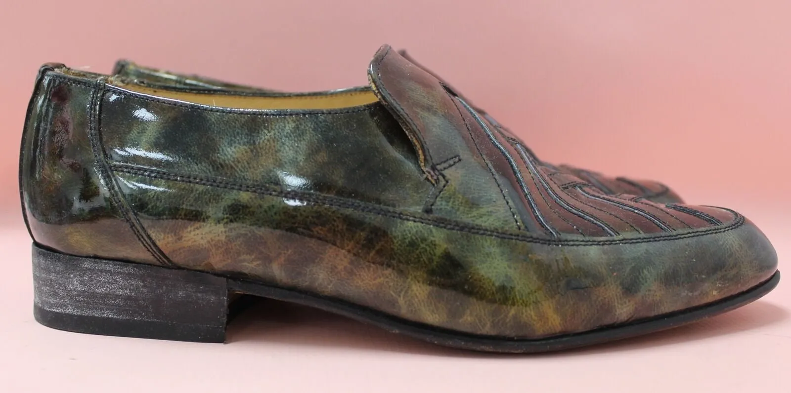 90s Sanders Patent Leather Loafers with Metallic Oil Slick Finish, Side Gore Slip On Shoes, UK 7.5 US8.5 EU41.5
