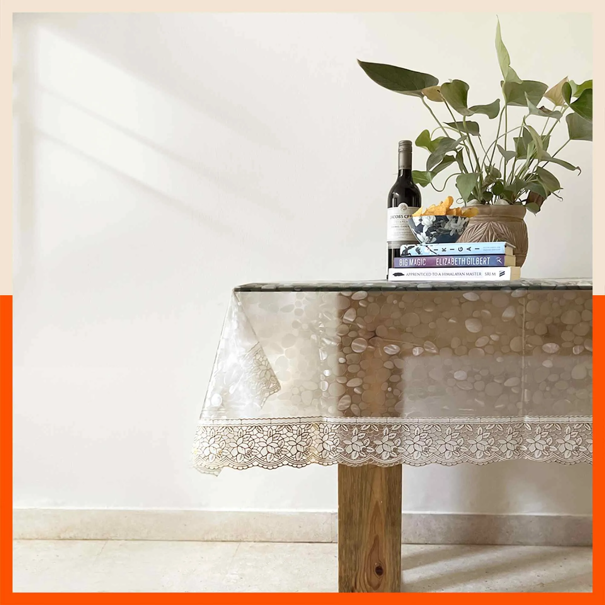 Albus Plastic Table Cover with White Lace for Dining Table at Home - Rectangular - (54" x 78") | Plain