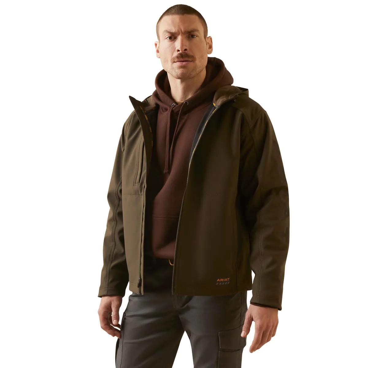 Ariat 10046665 Men's Rebar Stretch Canvas Softshell Hooded Logo Jacket - Wren/Black