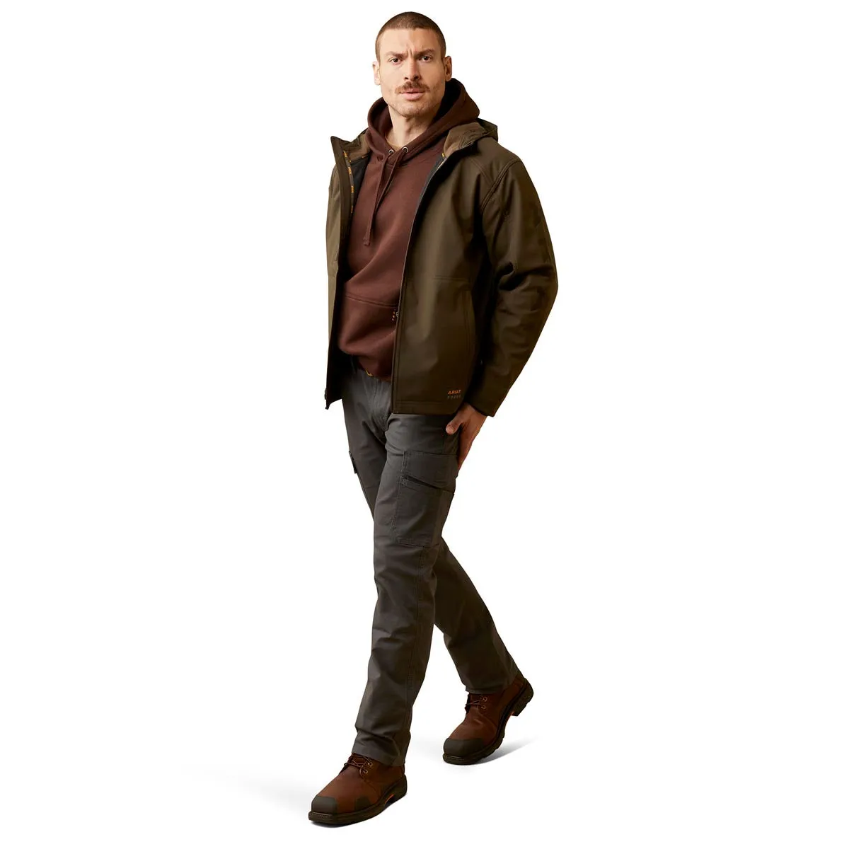 Ariat 10046665 Men's Rebar Stretch Canvas Softshell Hooded Logo Jacket - Wren/Black
