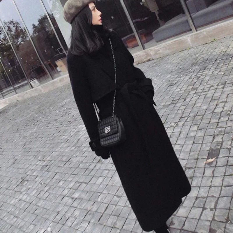 Autumn Winter Women's Casual Wool Blend Trench Coat Oversize Belt Women Wool Coat Cashmere Outerwear