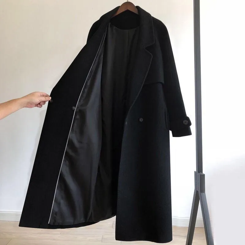 Autumn Winter Women's Casual Wool Blend Trench Coat Oversize Belt Women Wool Coat Cashmere Outerwear