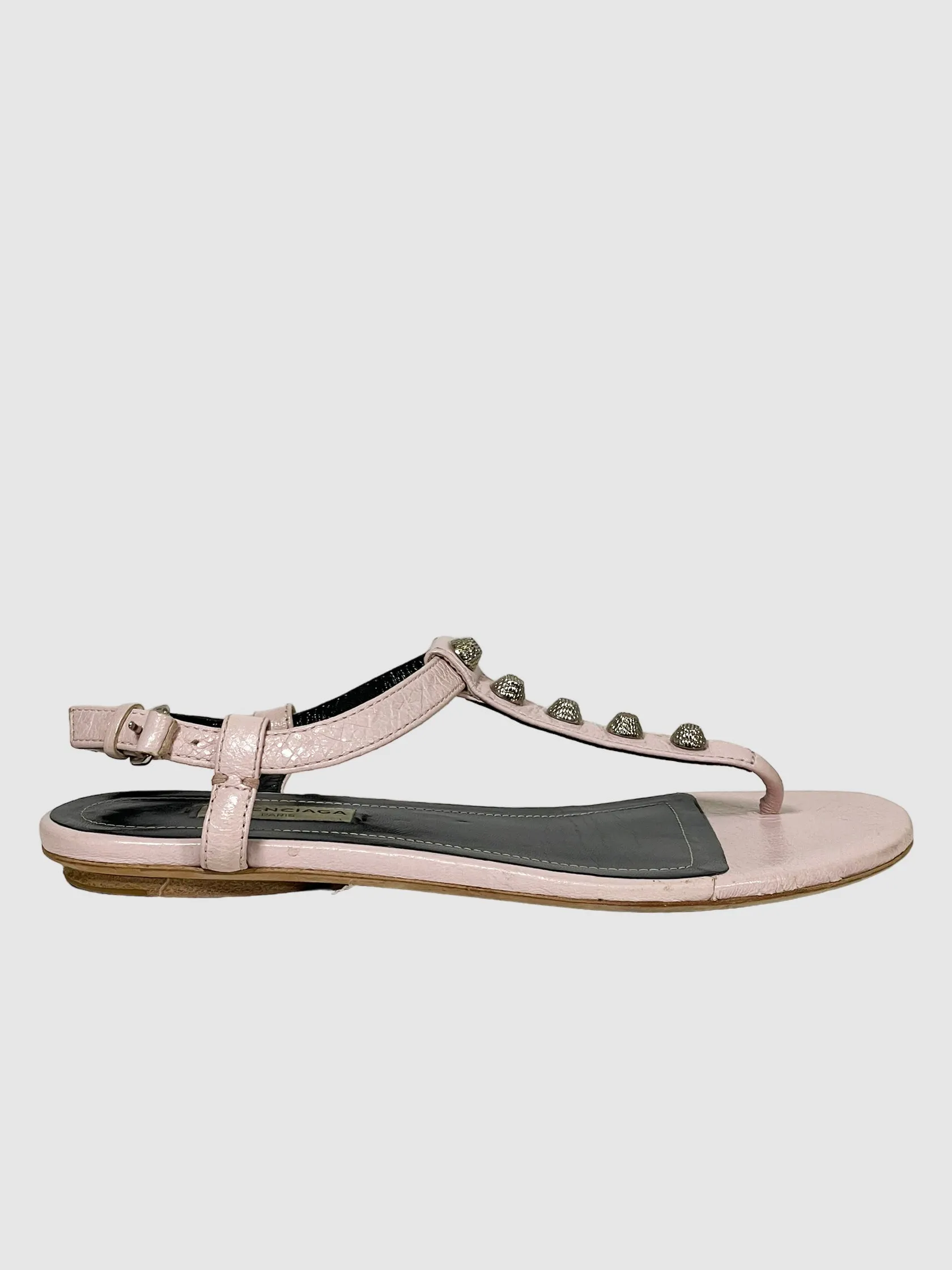Balenciaga Leather Studded Accents T-Strap Sandals - Size 36
