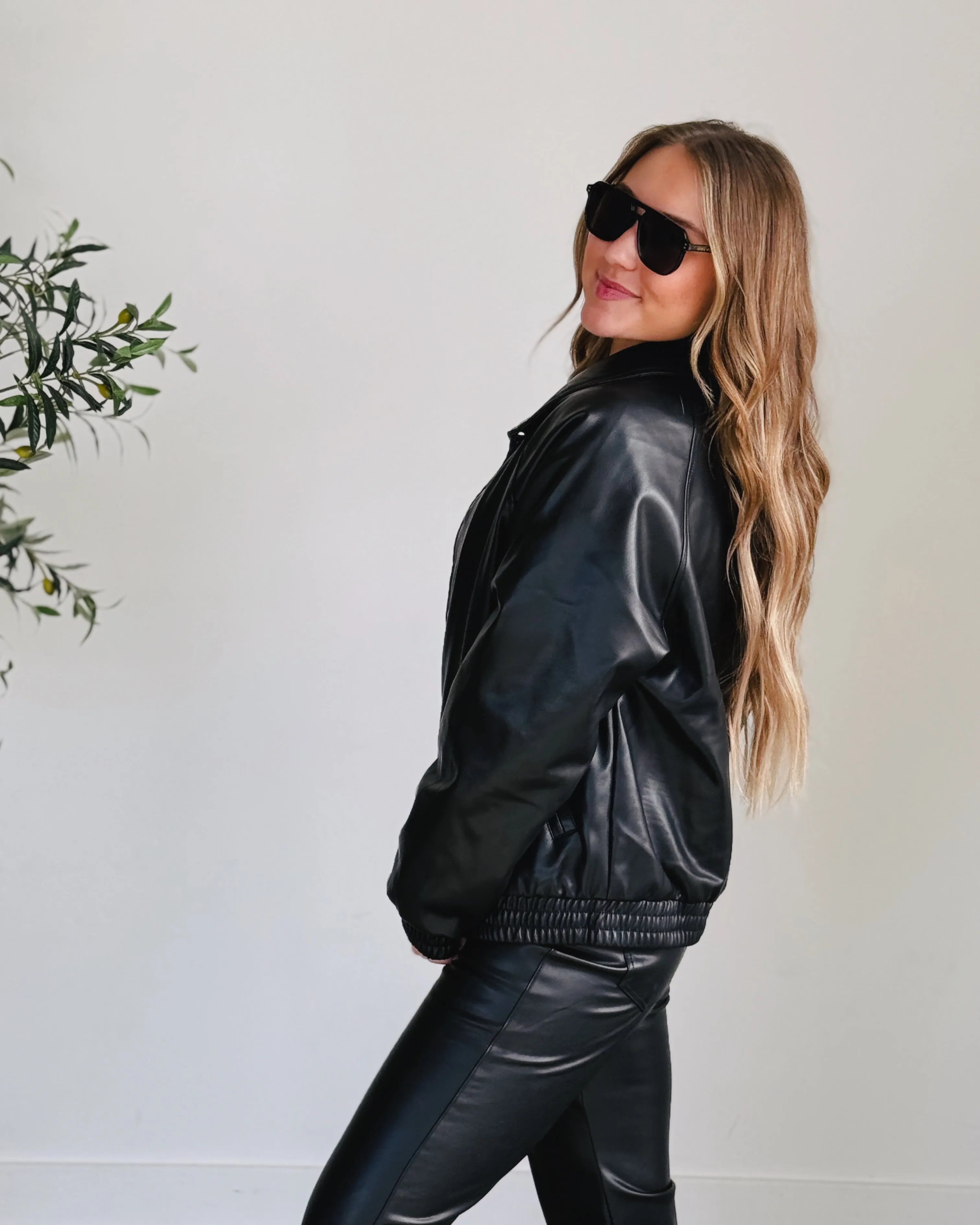 Black Vegan Leather Bomber Jacket
