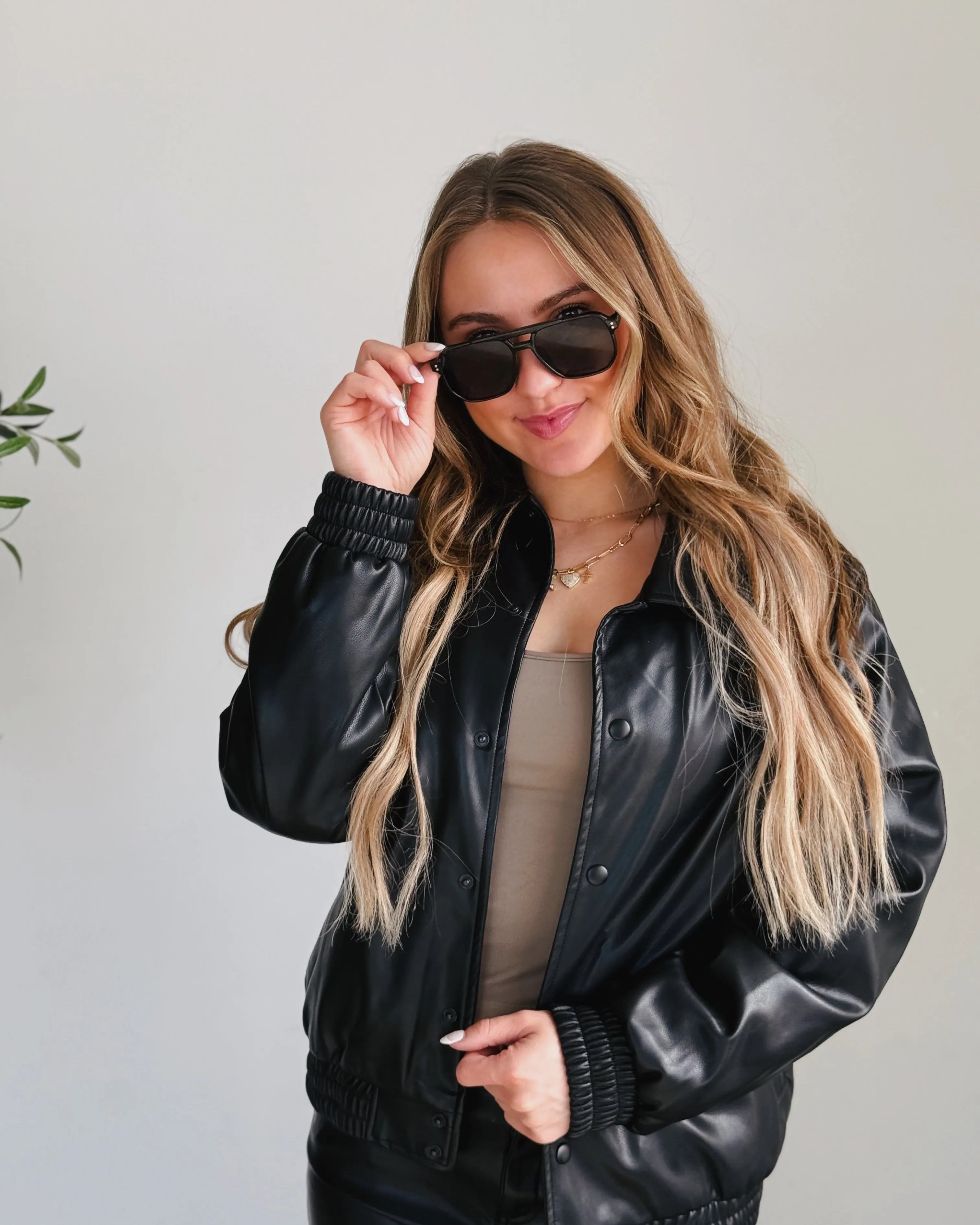 Black Vegan Leather Bomber Jacket