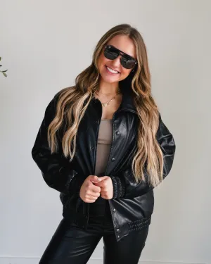 Black Vegan Leather Bomber Jacket