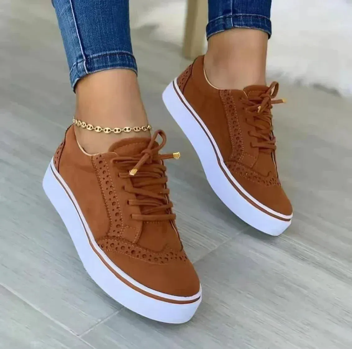 Brown Brogue-Style Platform Sneakers | Faux Suede | Classic and Trendy