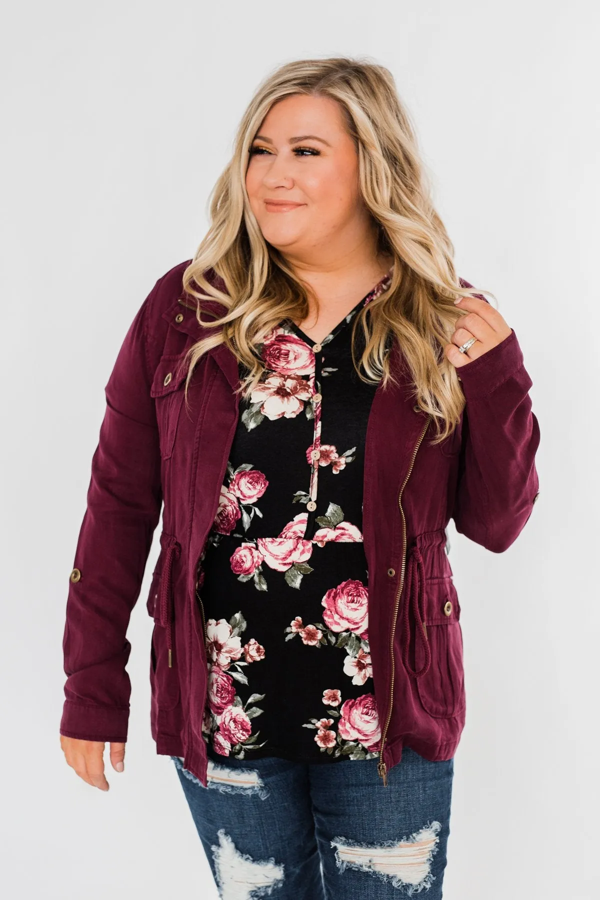 Carried Away Drawstring Waist Jacket- Wine