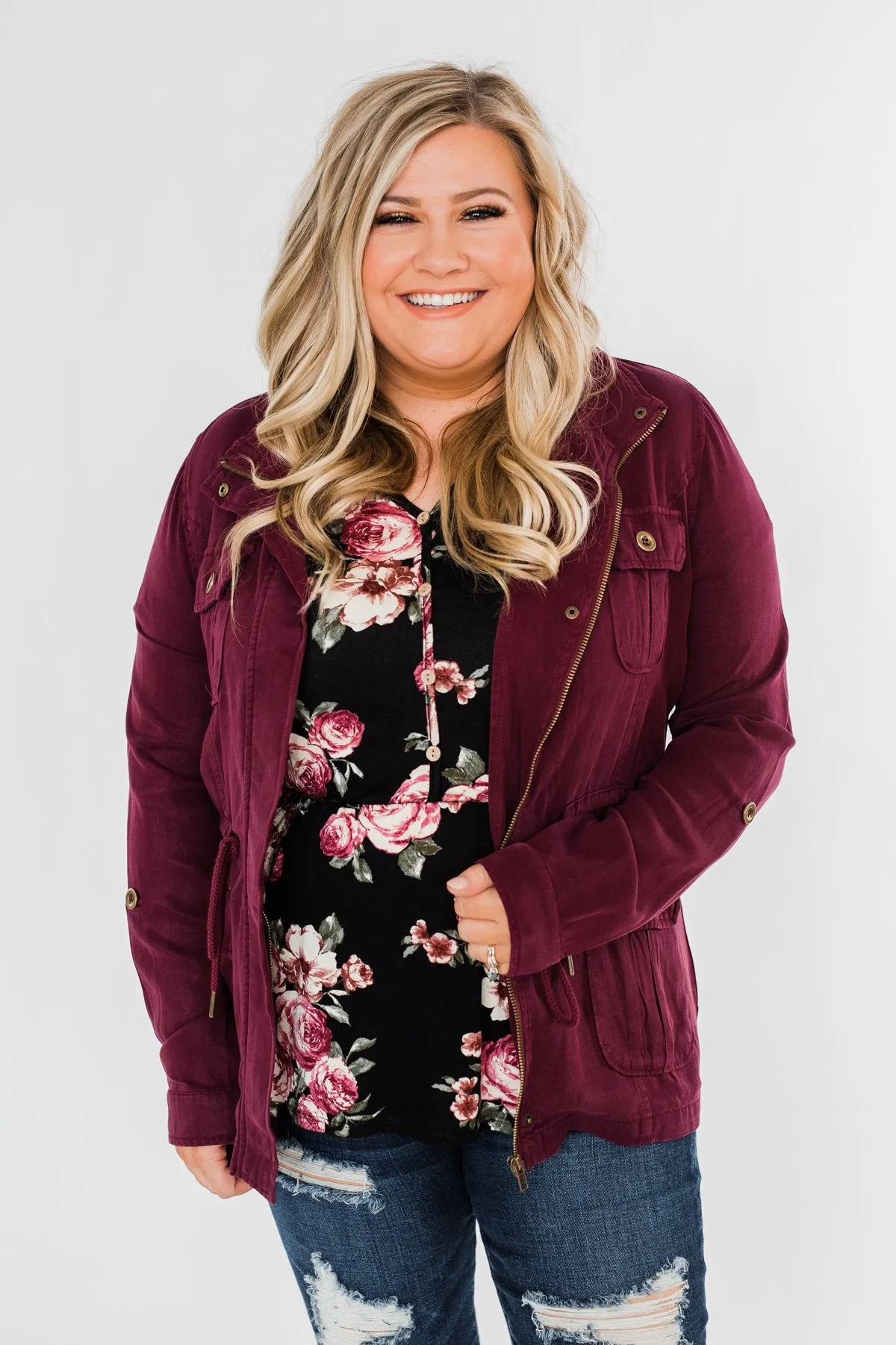 Carried Away Drawstring Waist Jacket- Wine