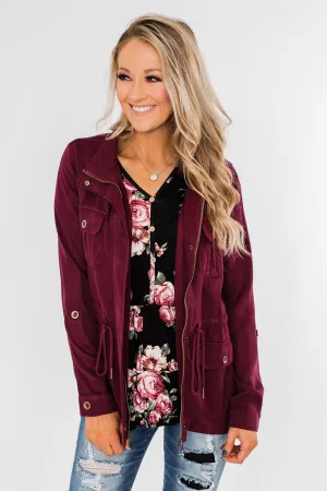 Carried Away Drawstring Waist Jacket- Wine