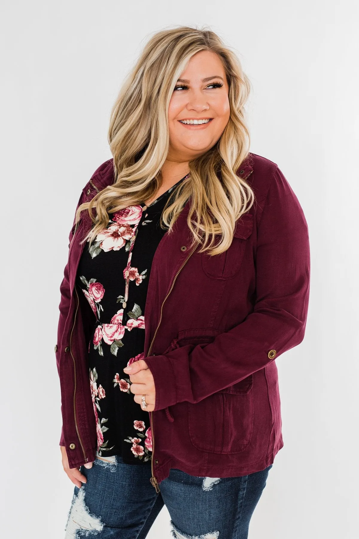 Carried Away Drawstring Waist Jacket- Wine