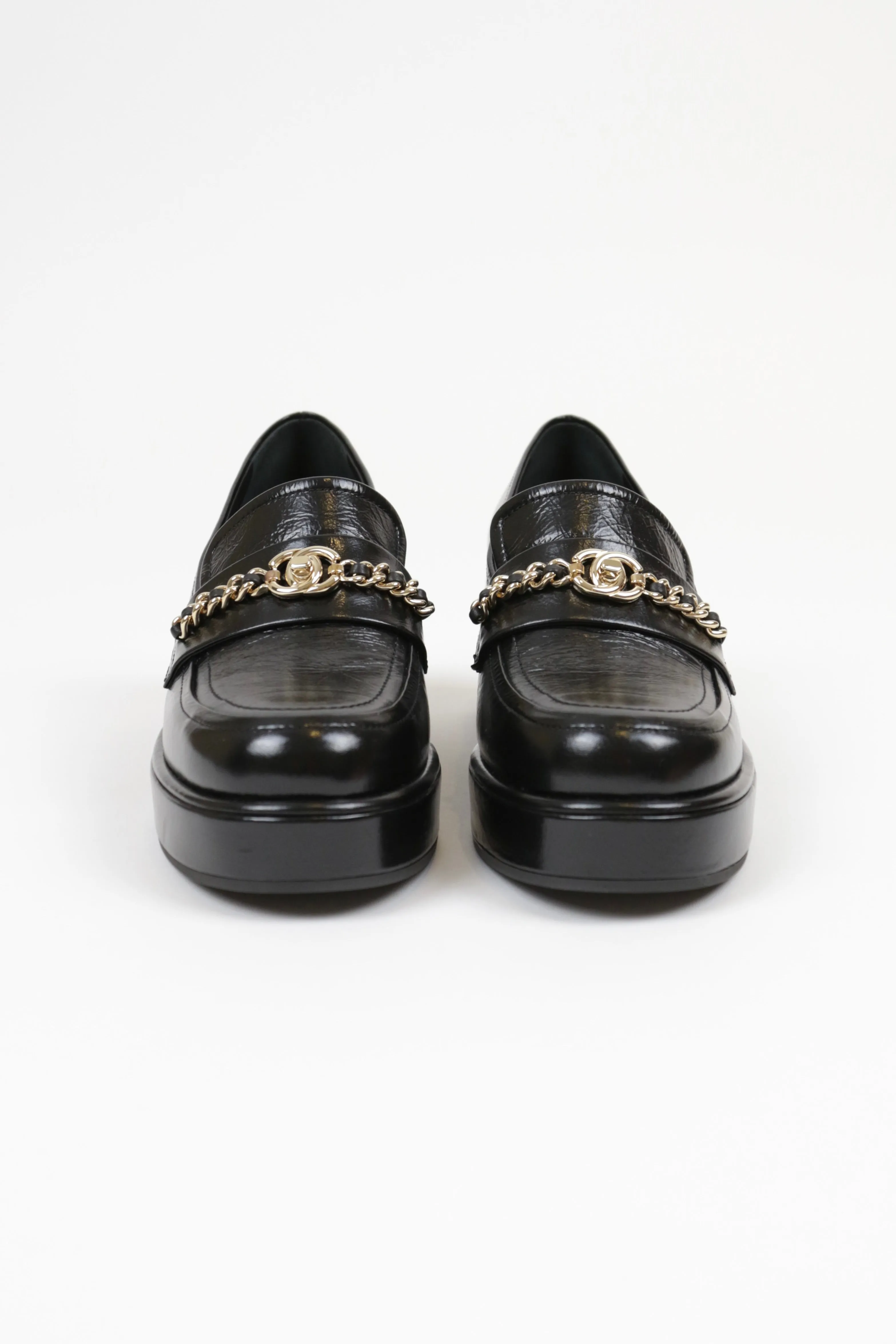 Chanel Black Lambskin Leather Chain Loafers