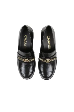 Chanel Black Lambskin Leather Chain Loafers
