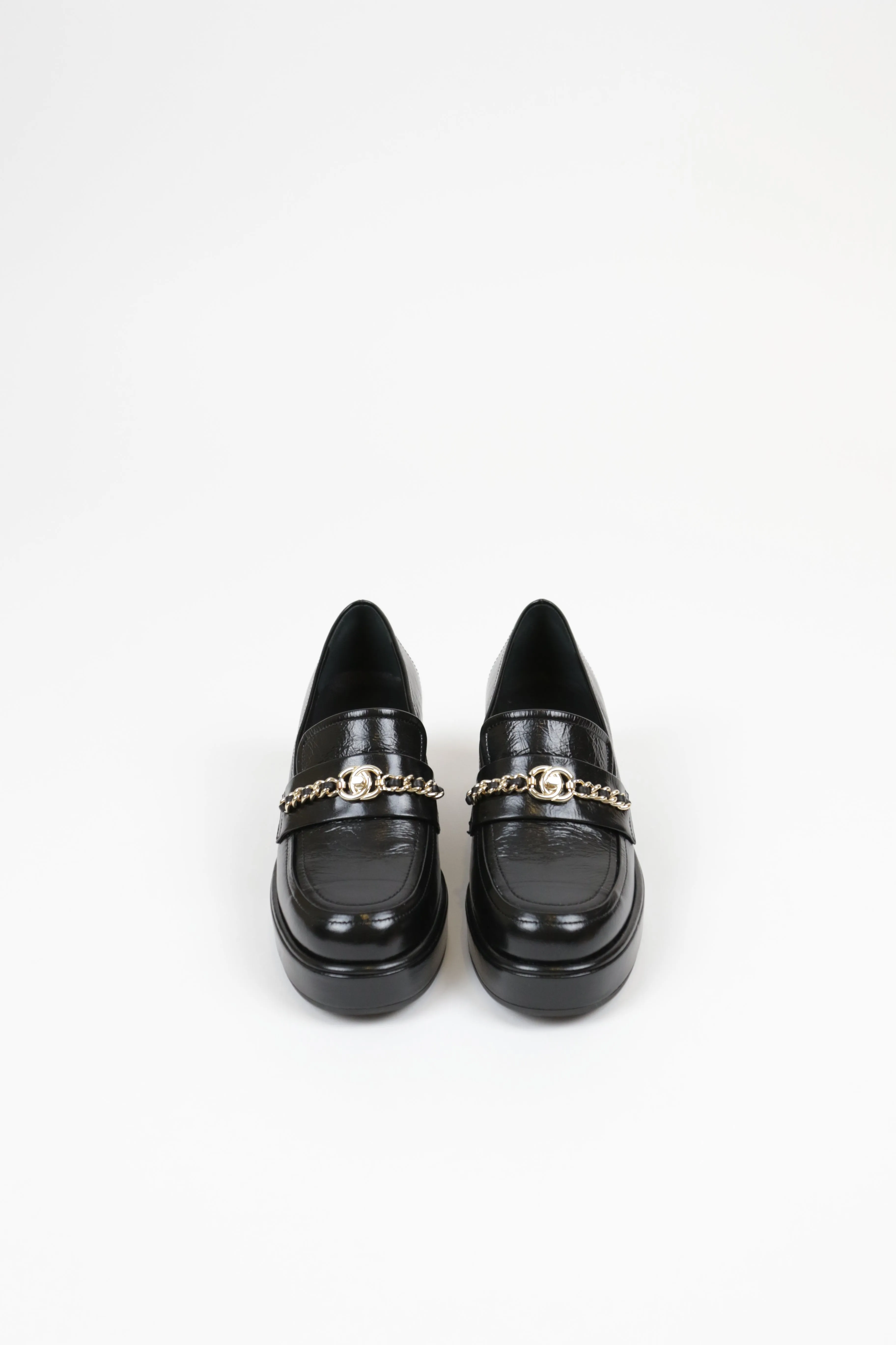 Chanel Black Lambskin Leather Chain Loafers