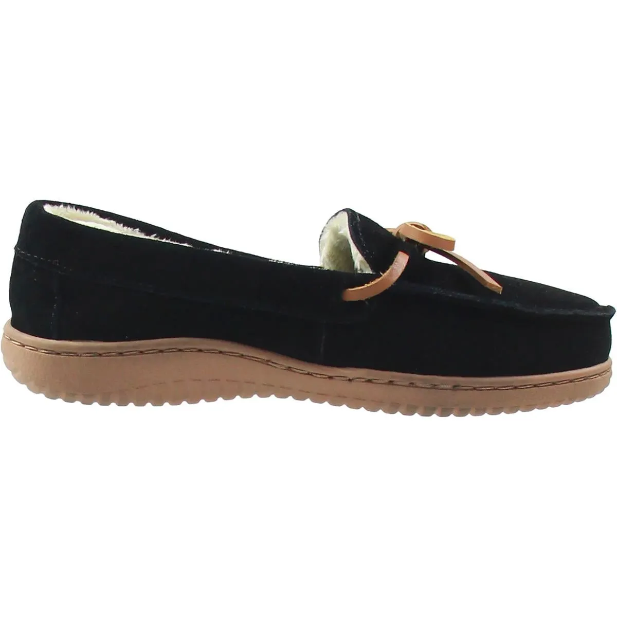 Dearfoams Womens Wilmington Faux Fur Lined Leather Moccasin Slippers