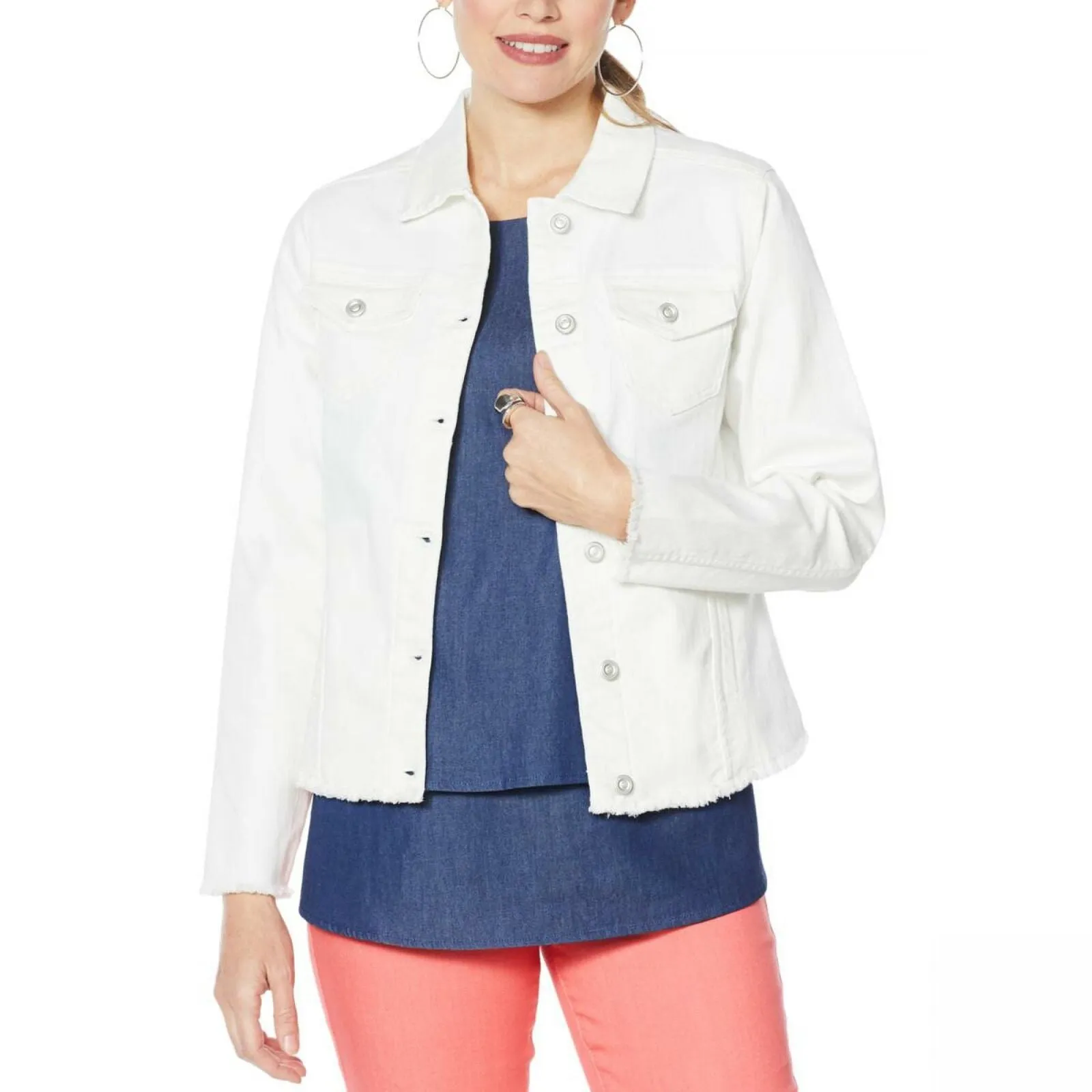 DG2 by Diane Gilman Women's Frayed-Hem Denim Jacket White Large