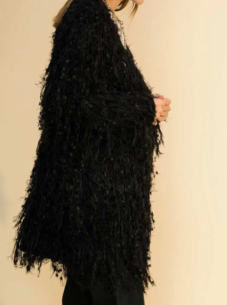 Fuzzy Fringe Open Front Cardigan