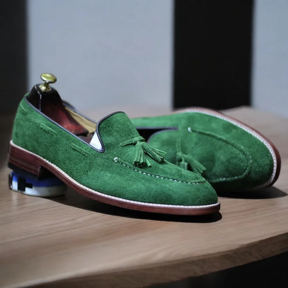 Handmade Welted Green Color Suede Leather Tussle Loafers Shoes For Men's