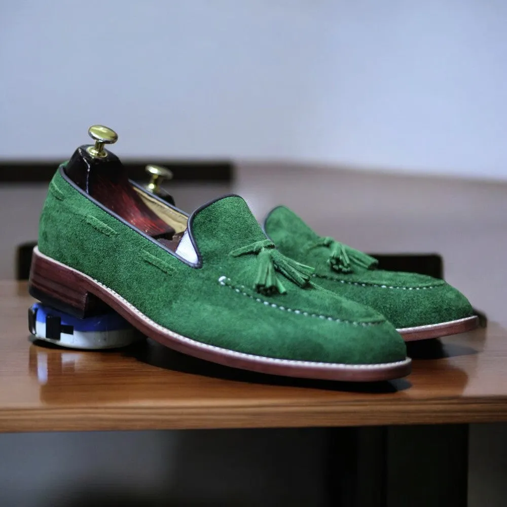 Handmade Welted Green Color Suede Leather Tussle Loafers Shoes For Men's
