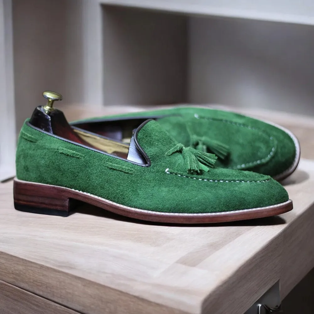 Handmade Welted Green Color Suede Leather Tussle Loafers Shoes For Men's