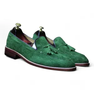 Handmade Welted Green Color Suede Leather Tussle Loafers Shoes For Men's