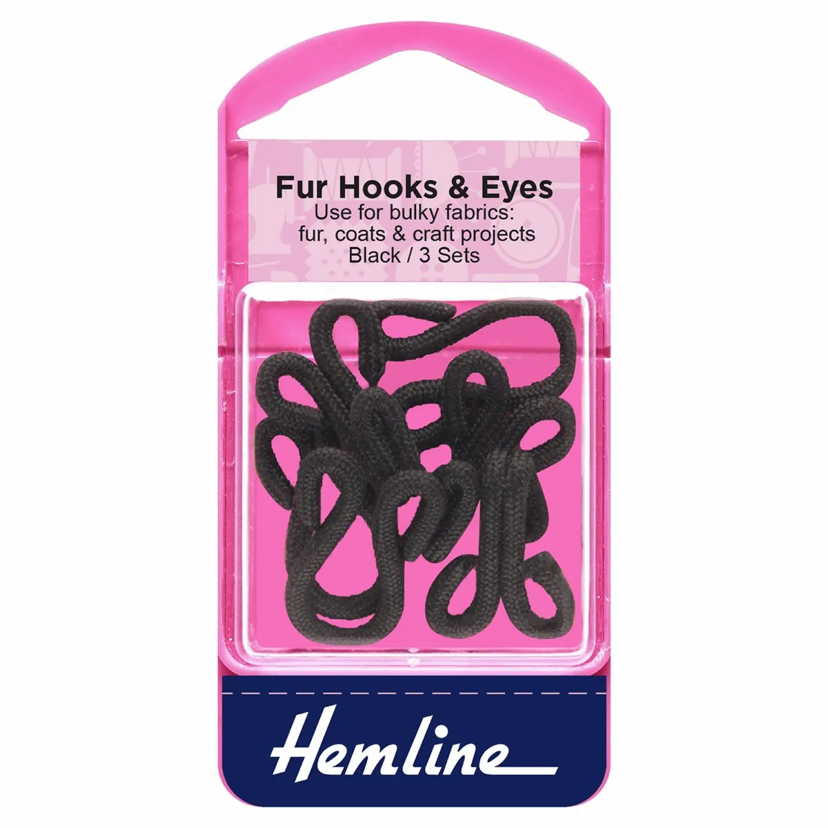 Hemline Fur Hooks and Eyes: Black: Size 3 *
