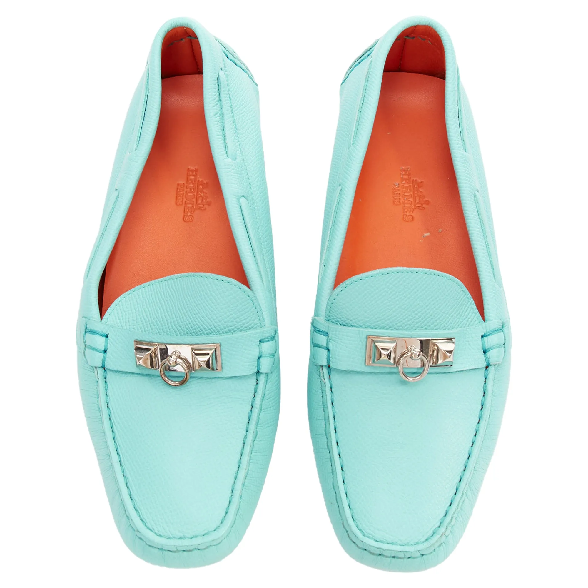Hermes cyan leather stud driving loafers