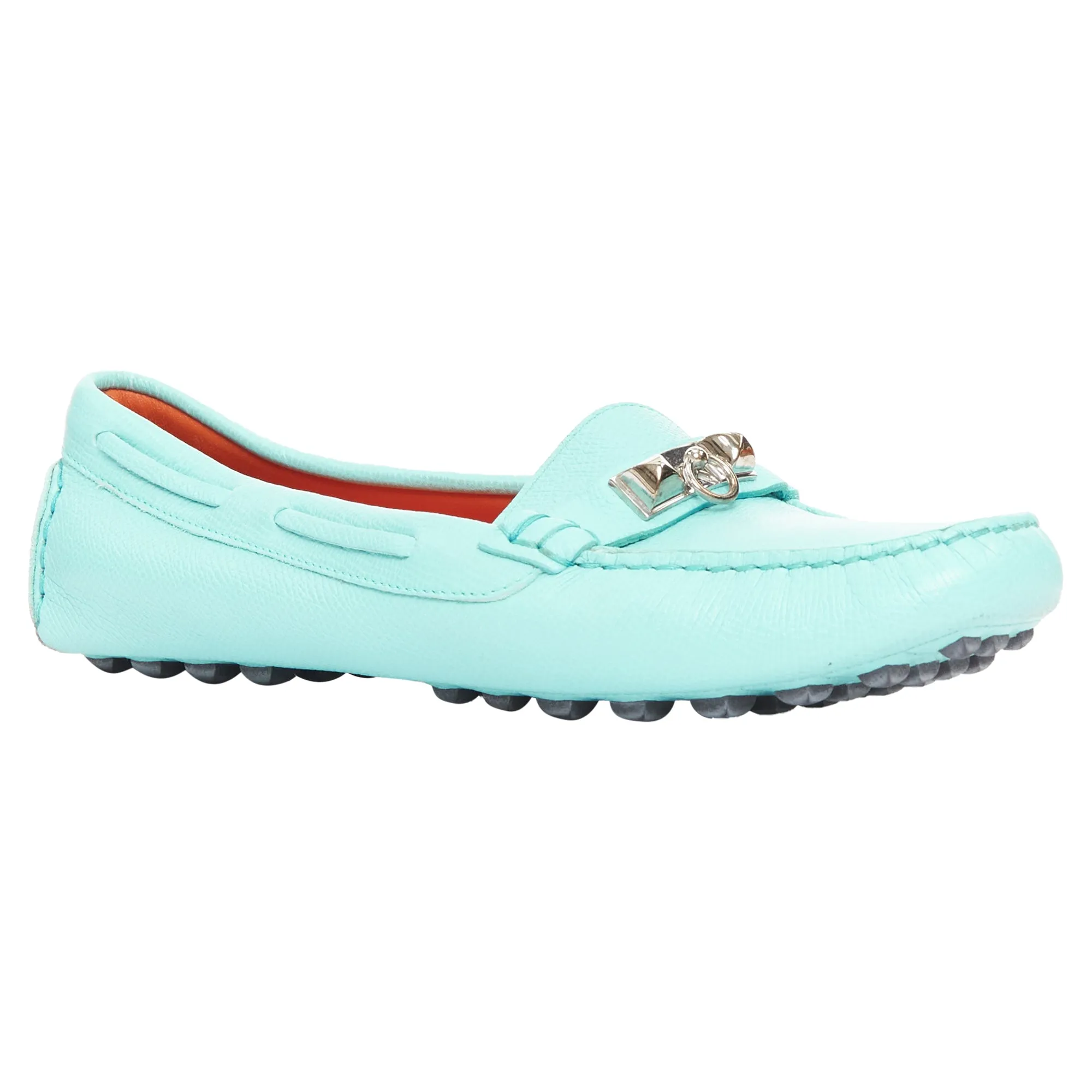 Hermes cyan leather stud driving loafers