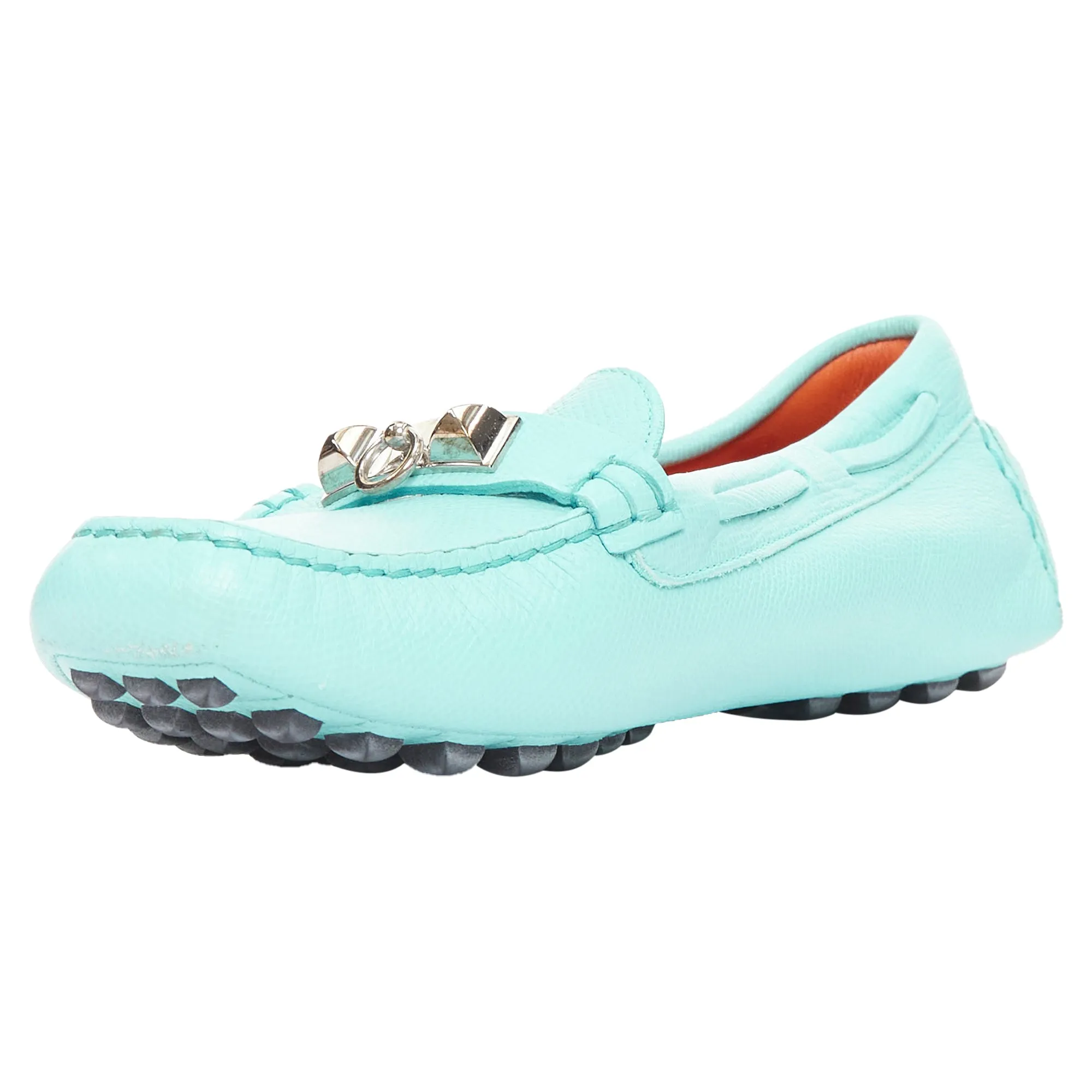 Hermes cyan leather stud driving loafers