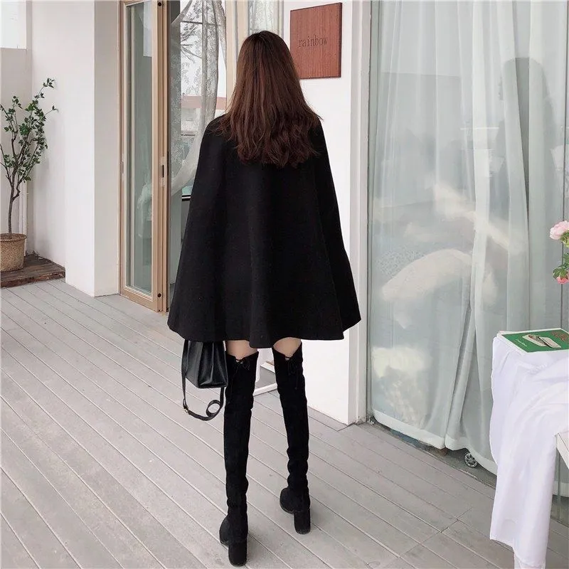 Korean New Style Solid Color Loose Cape Coat Collect Waist Woolen Medium Long Coat Women Winter Tops for Woman