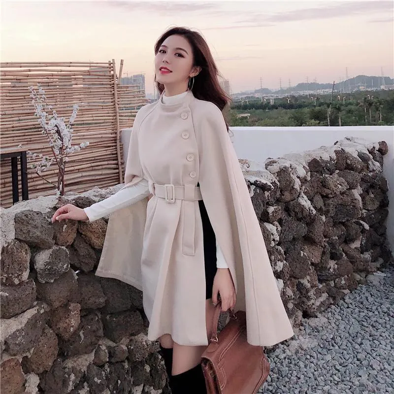 Korean New Style Solid Color Loose Cape Coat Collect Waist Woolen Medium Long Coat Women Winter Tops for Woman