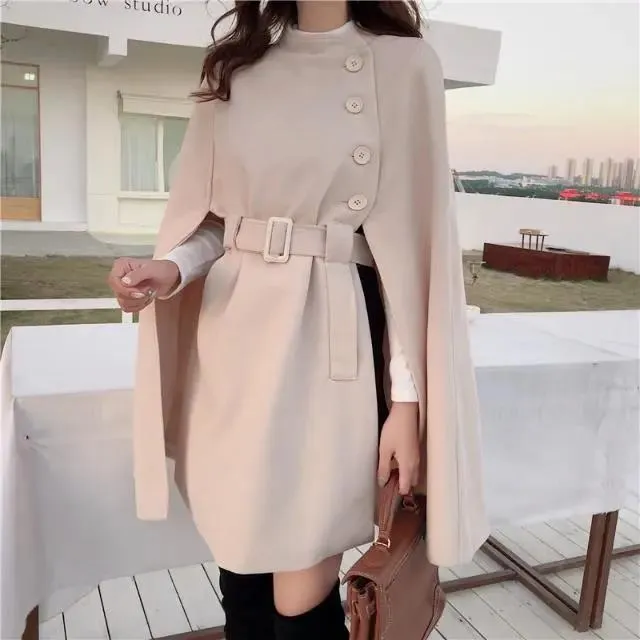 Korean New Style Solid Color Loose Cape Coat Collect Waist Woolen Medium Long Coat Women Winter Tops for Woman