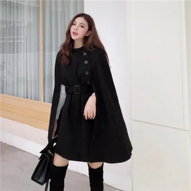 Korean New Style Solid Color Loose Cape Coat Collect Waist Woolen Medium Long Coat Women Winter Tops for Woman