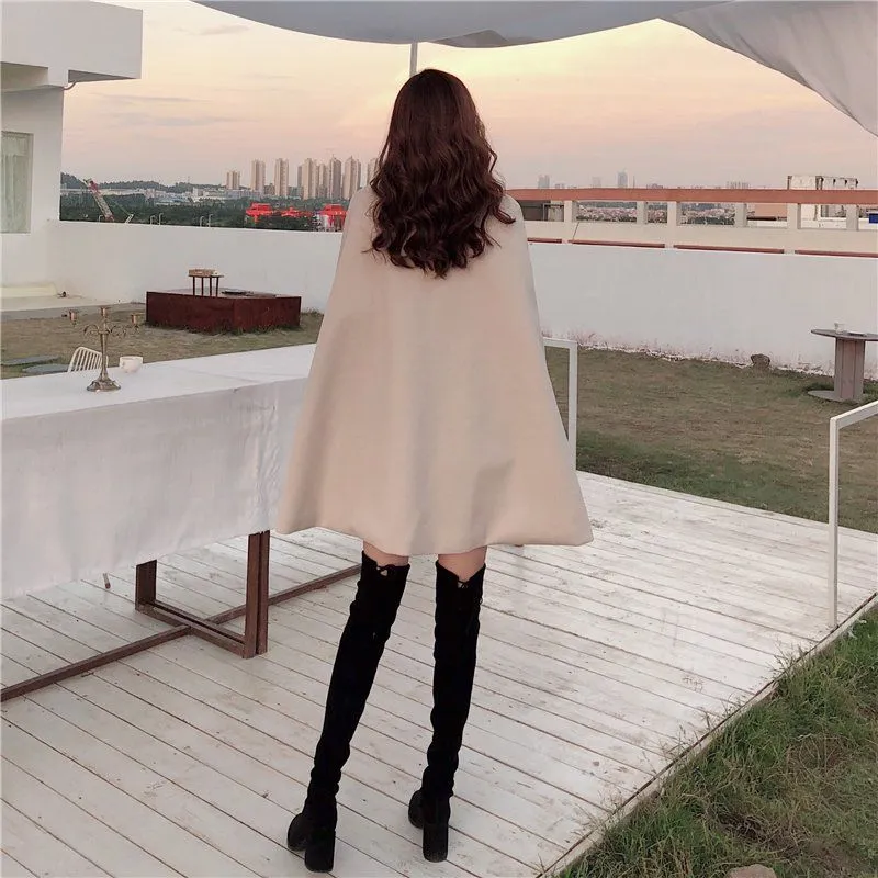 Korean New Style Solid Color Loose Cape Coat Collect Waist Woolen Medium Long Coat Women Winter Tops for Woman