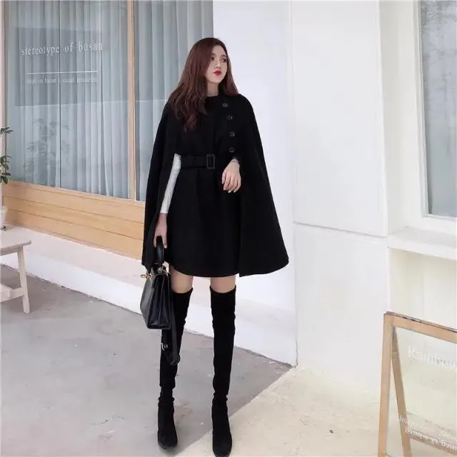 Korean New Style Solid Color Loose Cape Coat Collect Waist Woolen Medium Long Coat Women Winter Tops for Woman