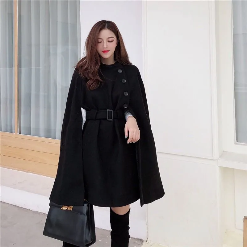 Korean New Style Solid Color Loose Cape Coat Collect Waist Woolen Medium Long Coat Women Winter Tops for Woman