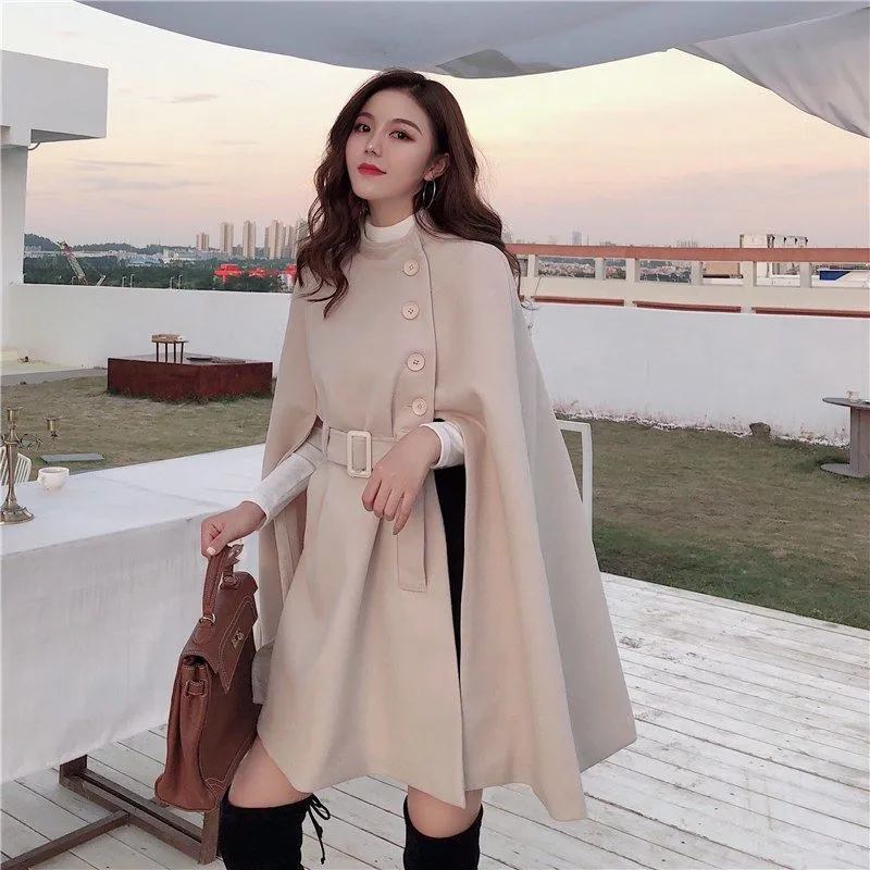 Korean New Style Solid Color Loose Cape Coat Collect Waist Woolen Medium Long Coat Women Winter Tops for Woman