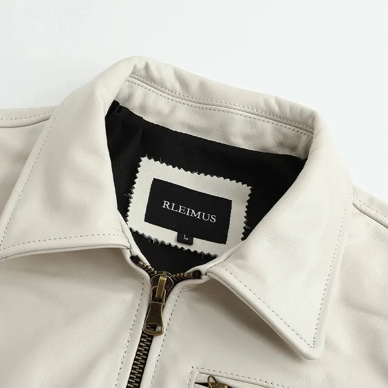 Men's White Leather Biker Jacket