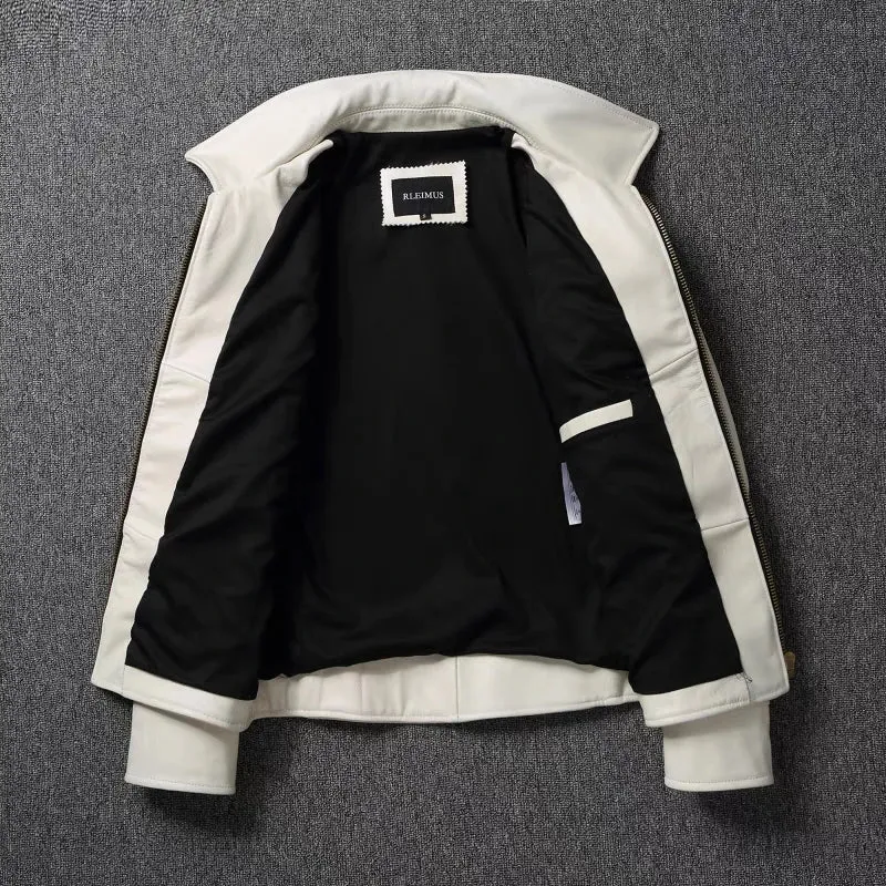 Men's White Leather Biker Jacket