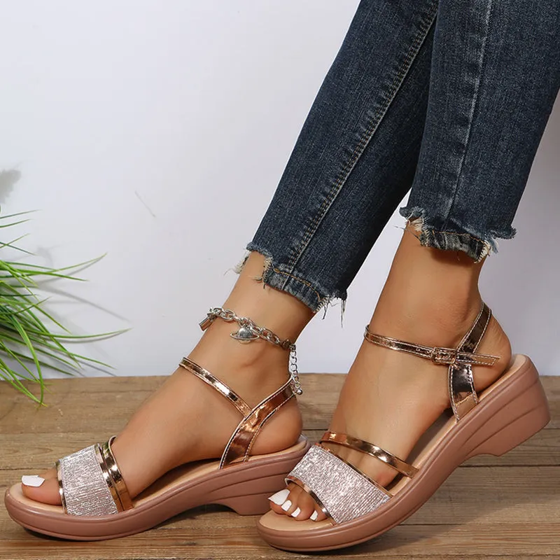 Metallic Strap Wedge Sandals with Textured Design