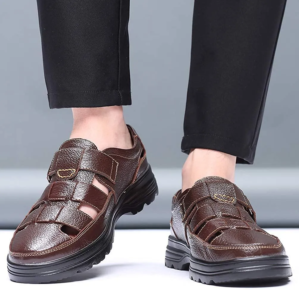NXY Mens Casual Closed Toe Leather Sandals Outdoor Fisherman Adjustable Summer Shoes
