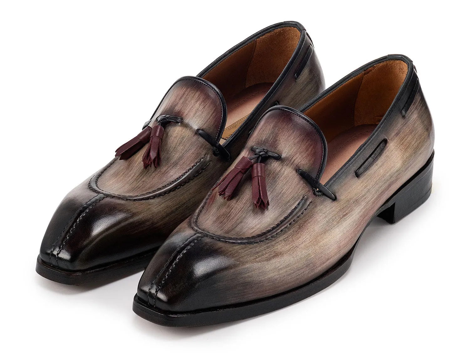 Paul Parkman Men's Split Toe Patina Leather Tassel Loafers in Brown