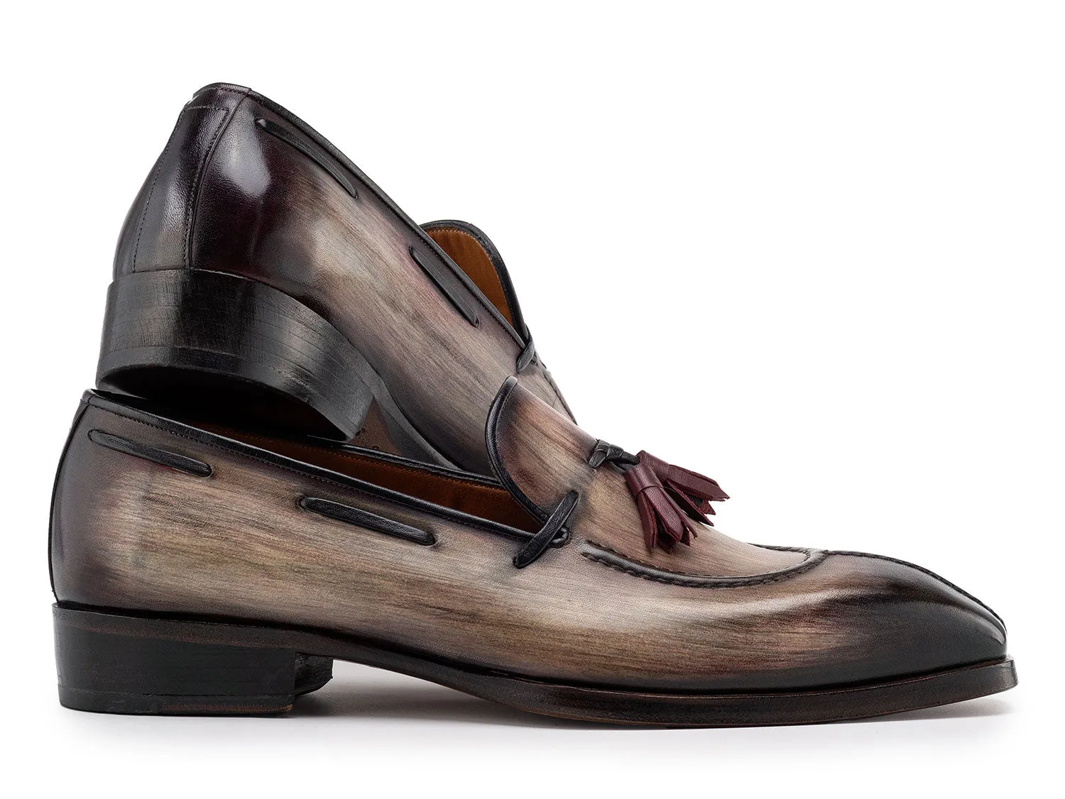 Paul Parkman Men's Split Toe Patina Leather Tassel Loafers in Brown