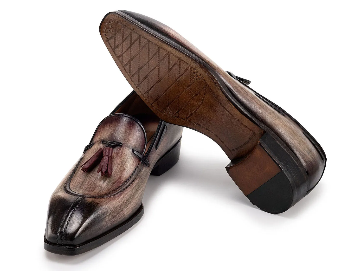 Paul Parkman Men's Split Toe Patina Leather Tassel Loafers in Brown