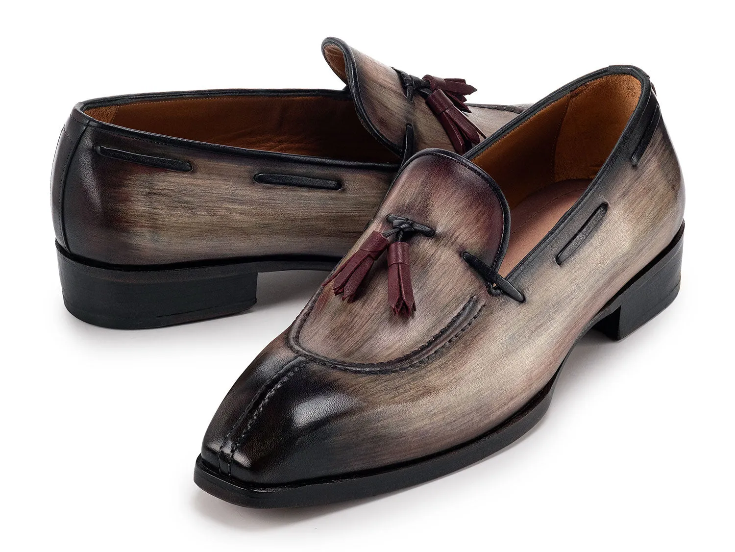 Paul Parkman Men's Split Toe Patina Leather Tassel Loafers in Brown