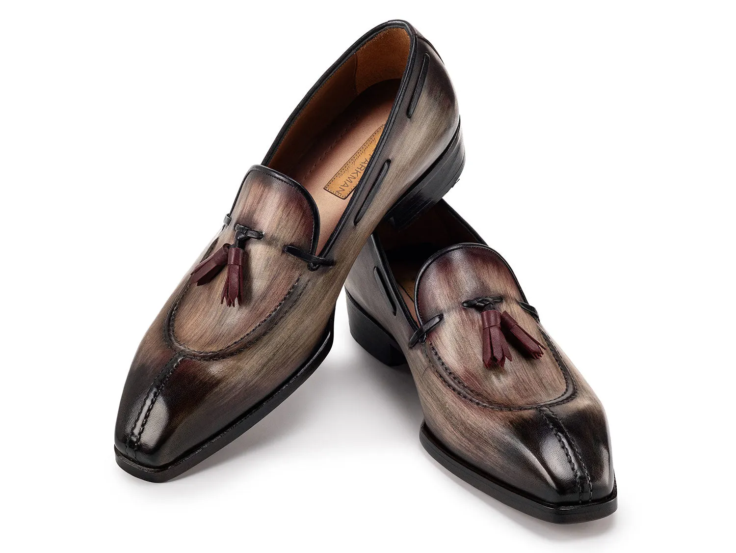 Paul Parkman Men's Split Toe Patina Leather Tassel Loafers in Brown