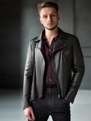 Ragged Hem Genuine Leather Biker Jacket for Men